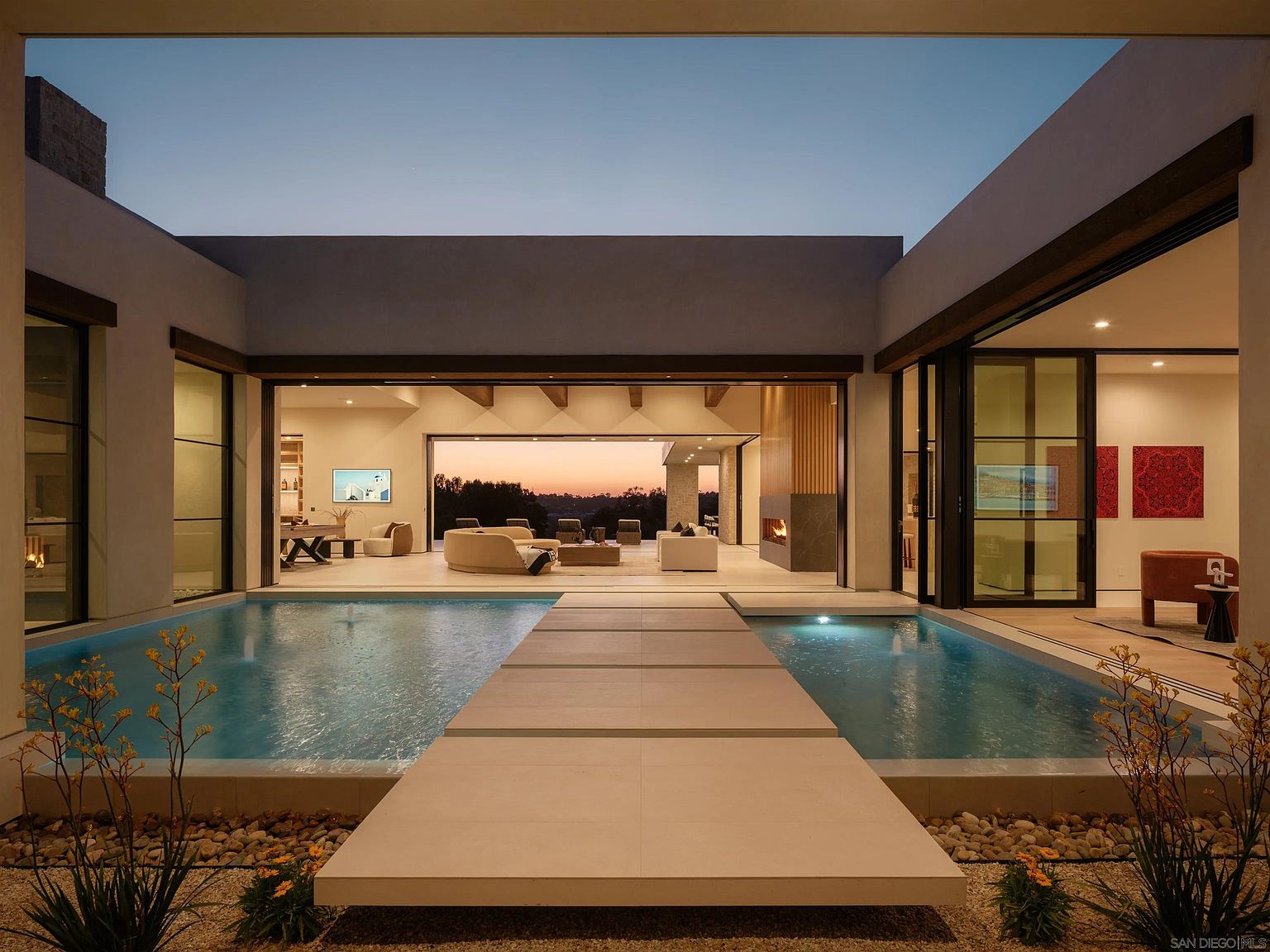 AER modern estate at twilight, Rancho Santa Fe Covenant — exposed beams and architectural concrete by 4x8